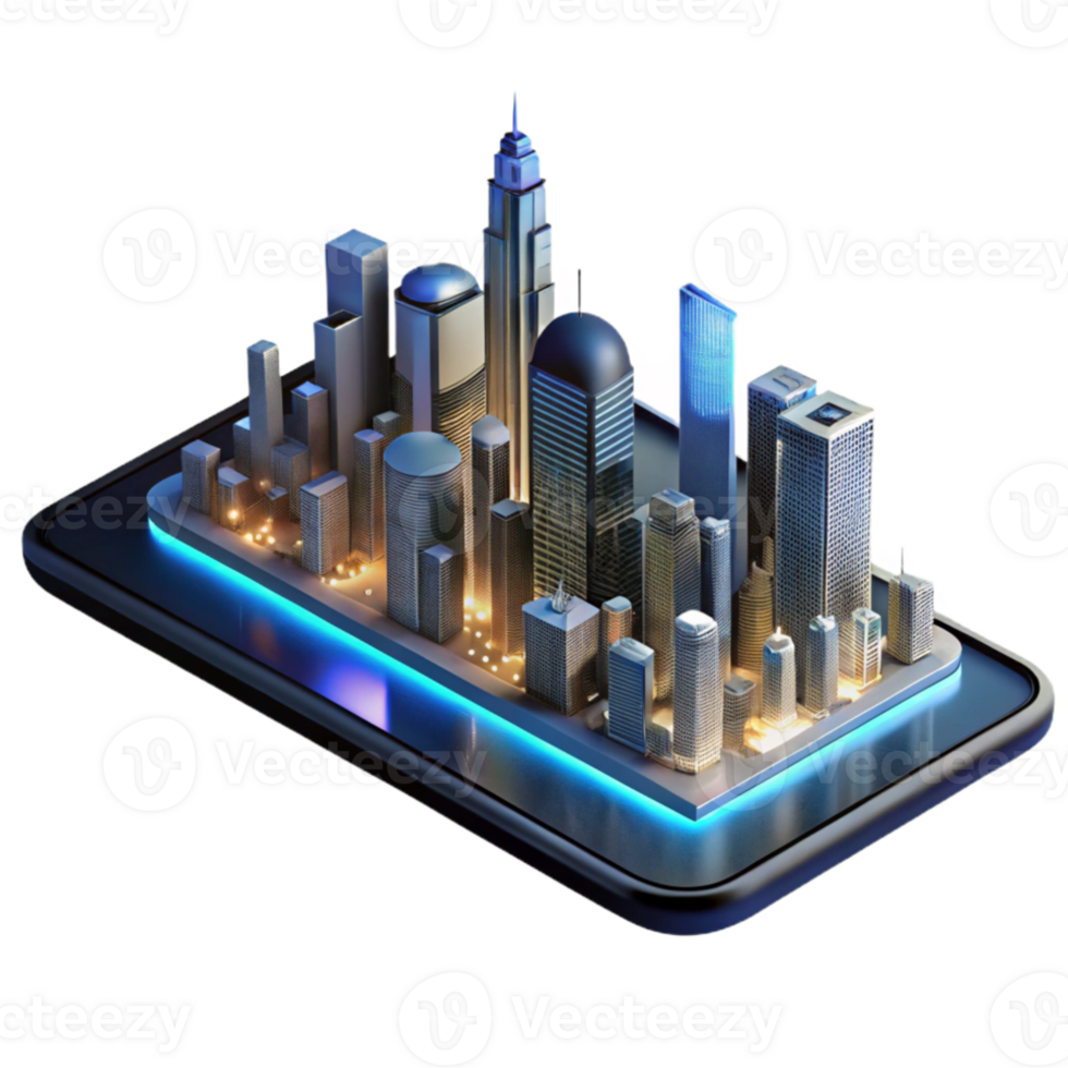 beautiful rustic A futuristic city skyline reflected in a sleek, black smartphone screen, illuminated by the city lights, in a realistic style genuine png