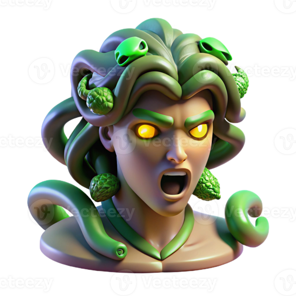 serene modern A fierce gorgon with snakes for hair and a petrifying gaze, turning a warrior to stone, illuminated by a sickly green light. Art Deco style genuine png