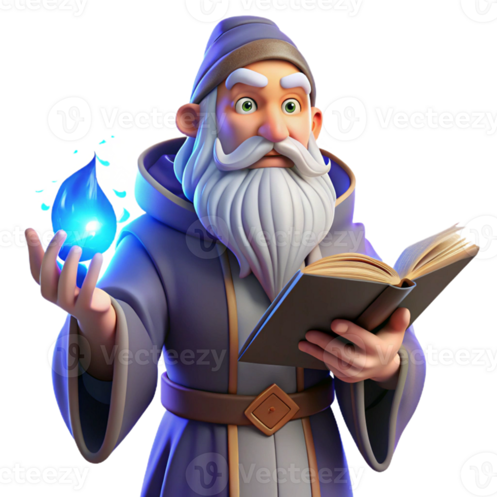 wonderful creative A wise old wizard with a long white beard and twinkling blue eyes, casting a spell with glowing runes, in a dusty library. Renaissance painting style, warm lighting genuine png