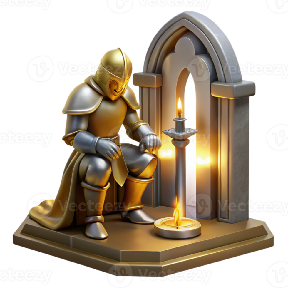 wonderful classic A lone knight kneeling before a mystical altar, holding a holy sword, bathed in a divine, golden light. Medieval fantasy, painting style authentic png