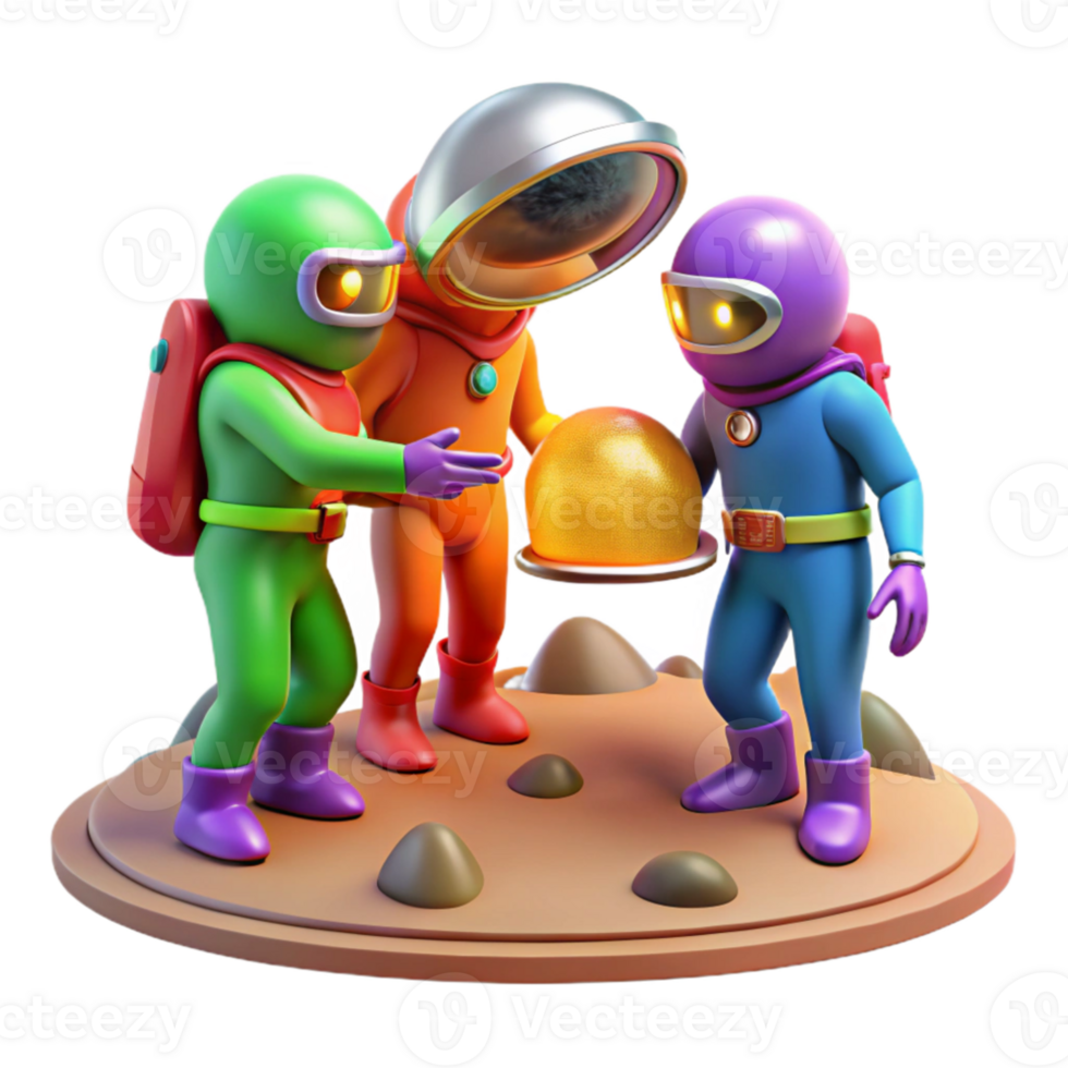 wonderful contemporary A group of space explorers in colorful spacesuits, examining a strange alien artifact on a barren planet, bright and contrasting lighting, comic book style 4K png