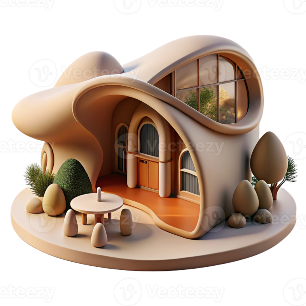 magnificent creative Organic architecture house, flowing curves, natural materials, soft diffused lighting, warm style high quality png
