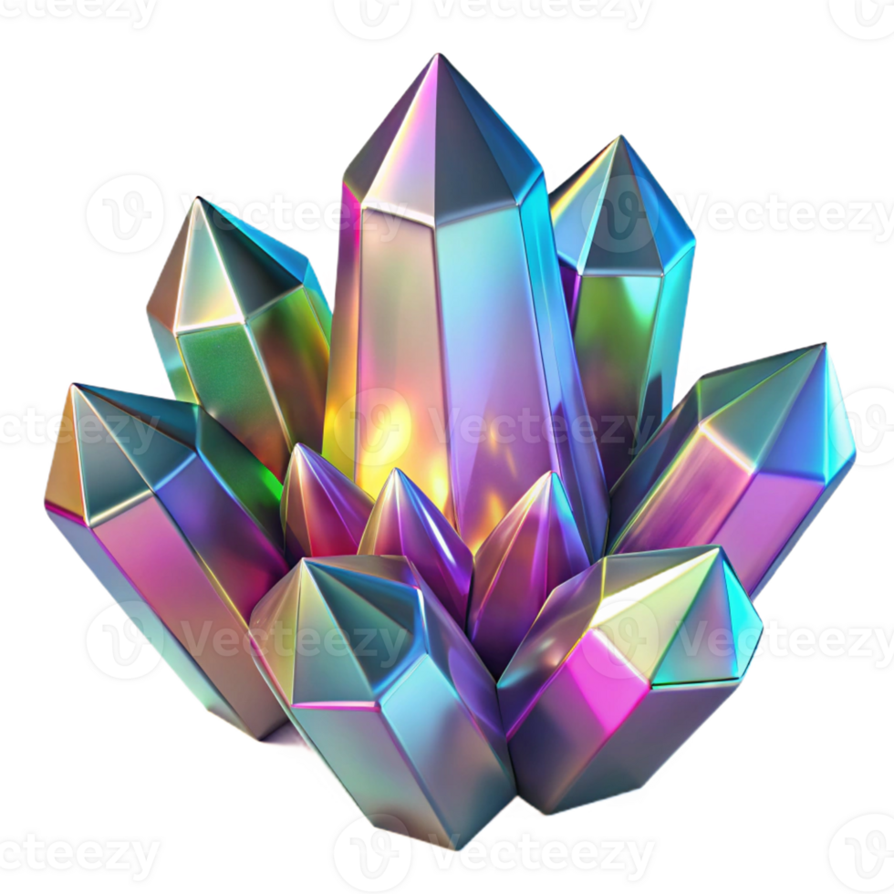 impressive vintage A cluster of glowing, crystalline structures, with sharp edges and facets, reflecting a rainbow of colors, in a futuristic style exclusive png
