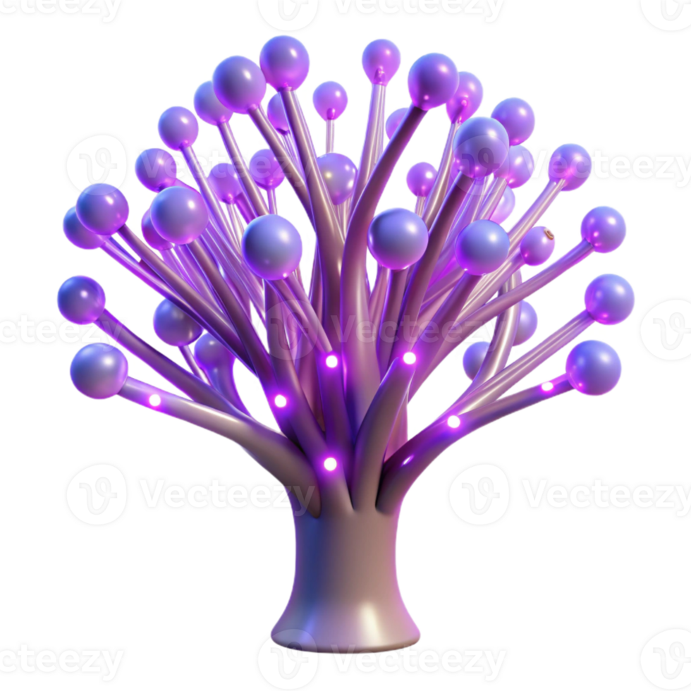 extraordinary minimalist A bioluminescent tree with branches made of fiber optic cables, emitting soft violet light, in a fantasy style high quality png