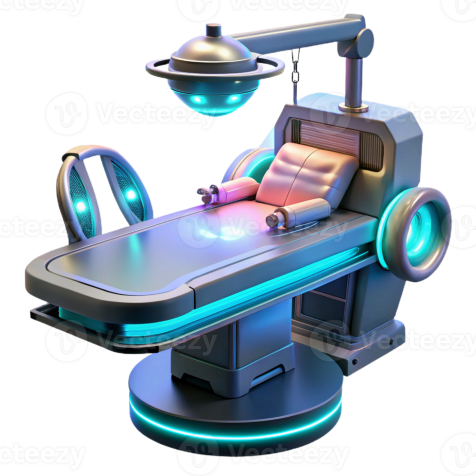 beautiful creative A futuristic medical device, with glowing lights and intricate wires, hovers over a patient on a surgical table. Sci-fi realism style high resolution png