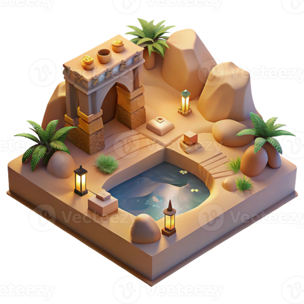 extraordinary traditional A desert oasis with a hidden subterranean dwelling, warm sand tones, soft light, mysterious atmosphere, concept art style authentic png