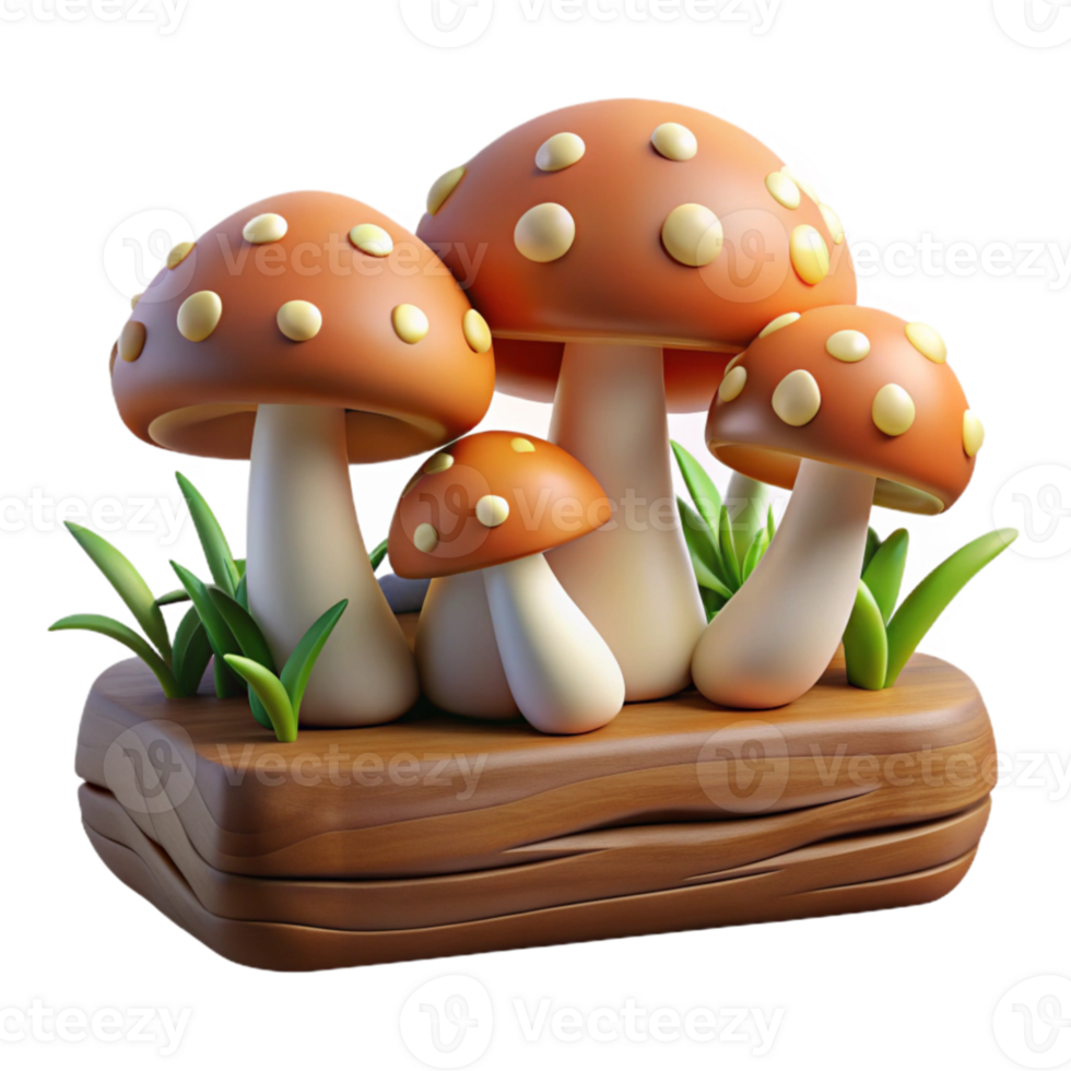 elegant traditional A group of mushrooms growing on a log, forest floor setting, soft lighting, realistic style genuine png