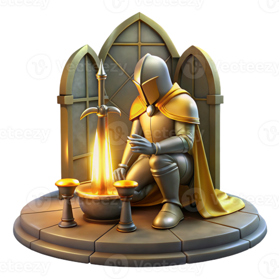 stunning artistic A lone knight kneeling before a mystical altar, holding a holy sword, bathed in a divine, golden light. Medieval fantasy, painting style authentic png