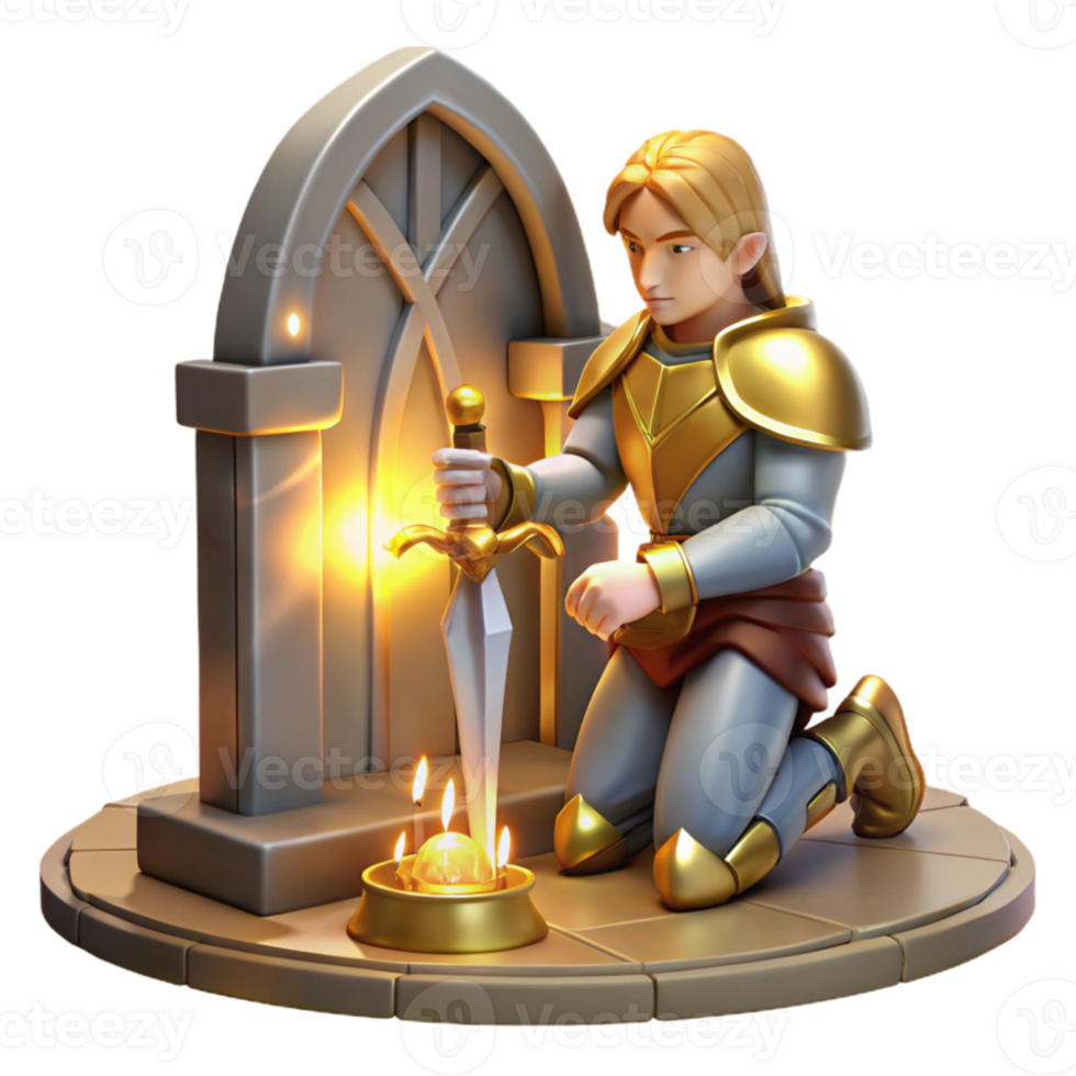 beautiful traditional A lone knight kneeling before a mystical altar, holding a holy sword, bathed in a divine, golden light. Medieval fantasy, painting style authentic png
