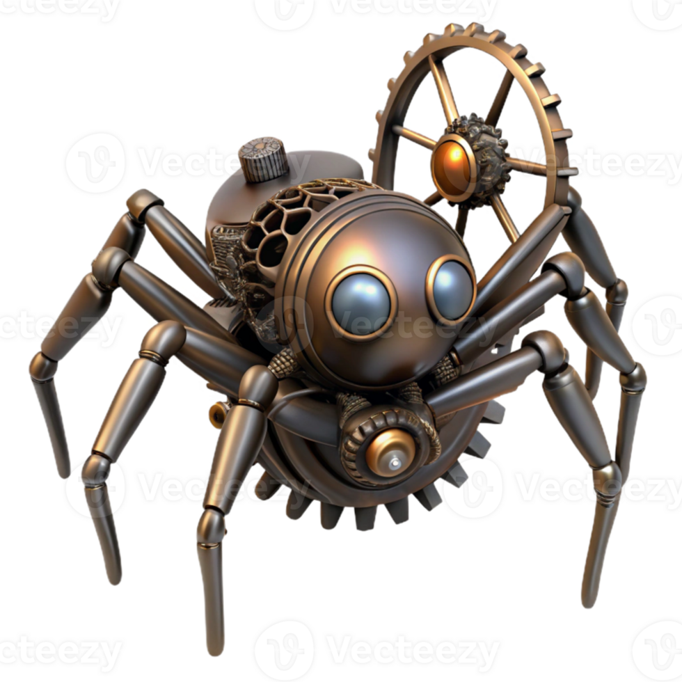 serene classic A steampunk-inspired mechanical spider crawling on a web of gears. Dark, moody lighting. Horror art style detailed png