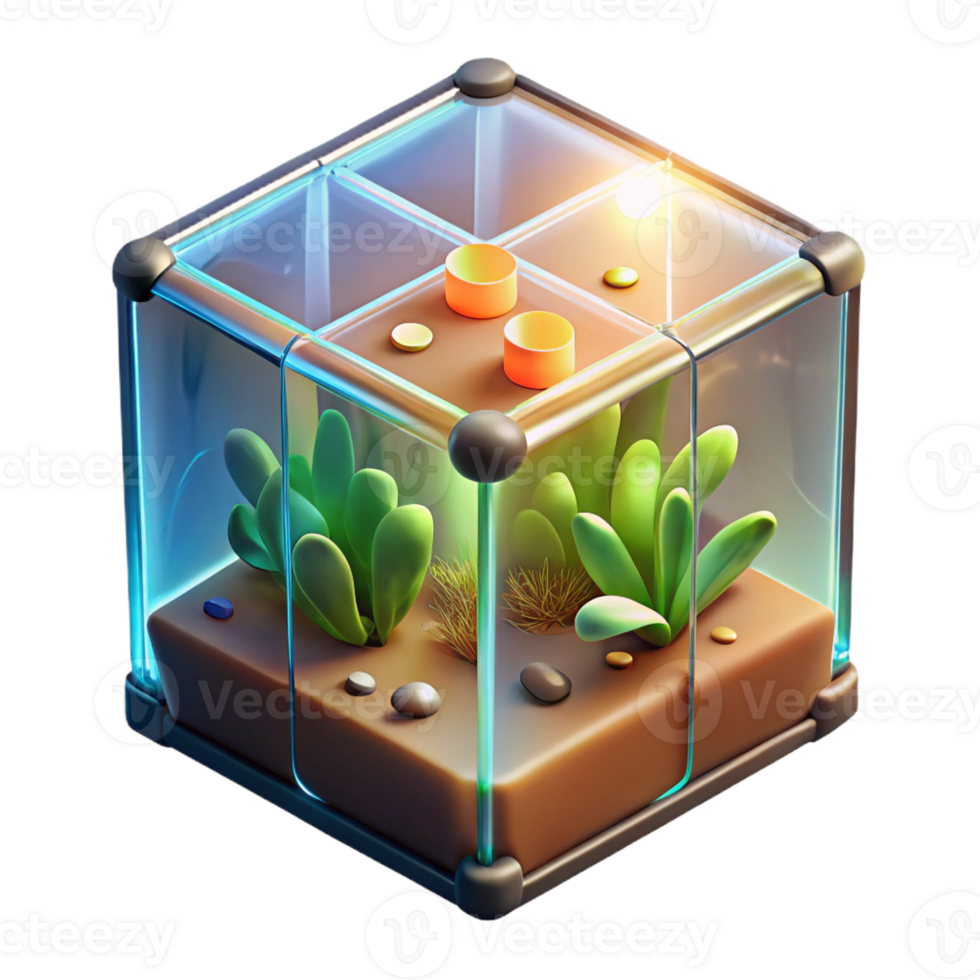 vibrant artistic A transparent, levitating cube containing a simulated ecosystem, miniature plants and creatures visible, lit by a warm, sunlight-like glow premium png