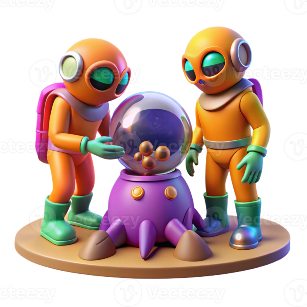 impressive traditional A group of space explorers in colorful spacesuits, examining a strange alien artifact on a barren planet, bright and contrasting lighting, comic book style original png