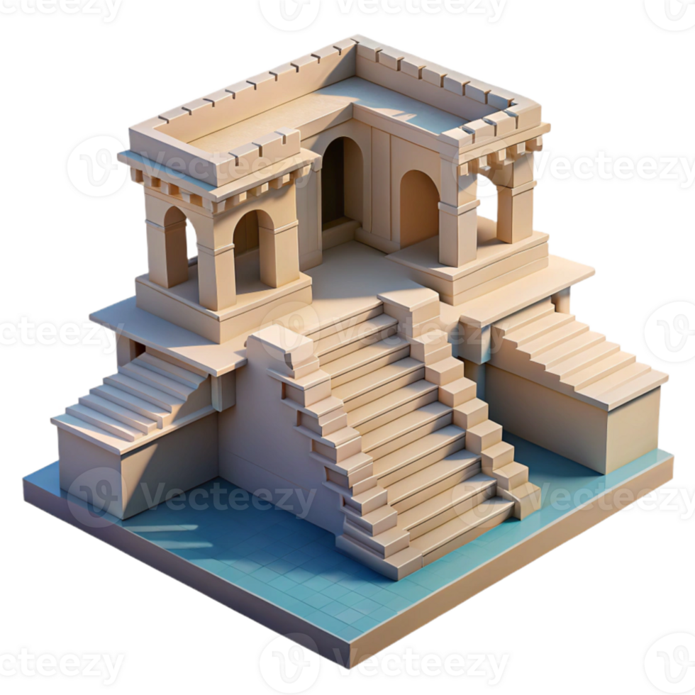 elegant abstract Indian stepwell, symmetrical geometric design, cool shadows, midday lighting, historical style high resolution png
