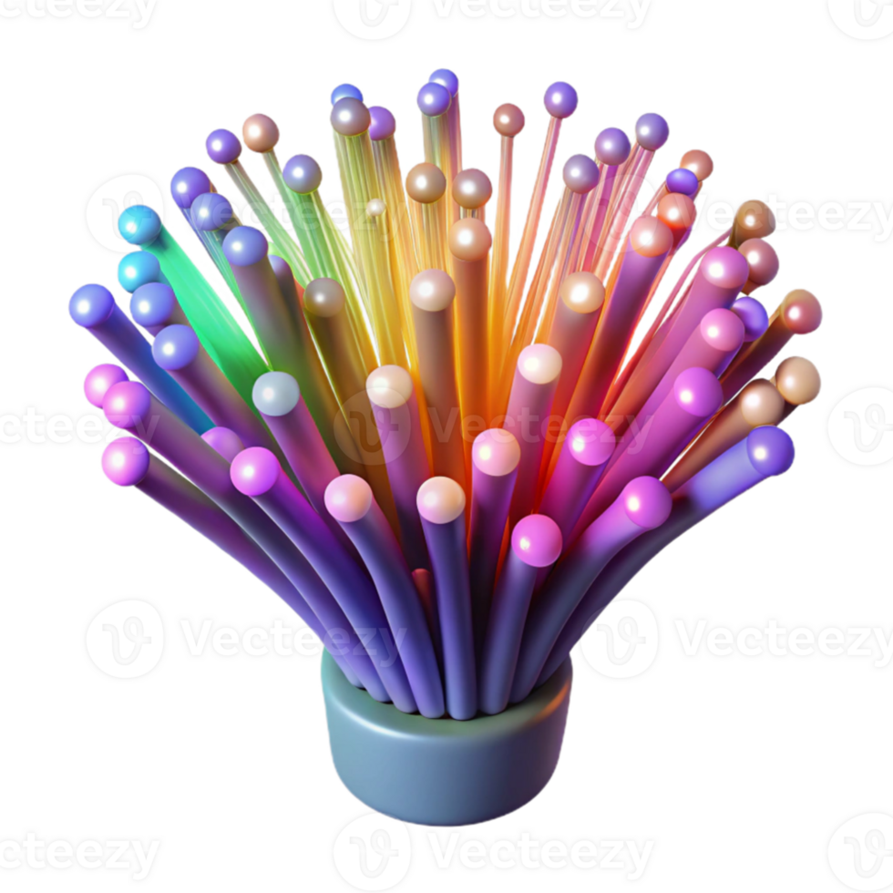 beautiful artistic A network of fiber optic cables transmitting data, each cable glowing with a different color, lit by a dynamic, shifting light. Abstract style authentic png