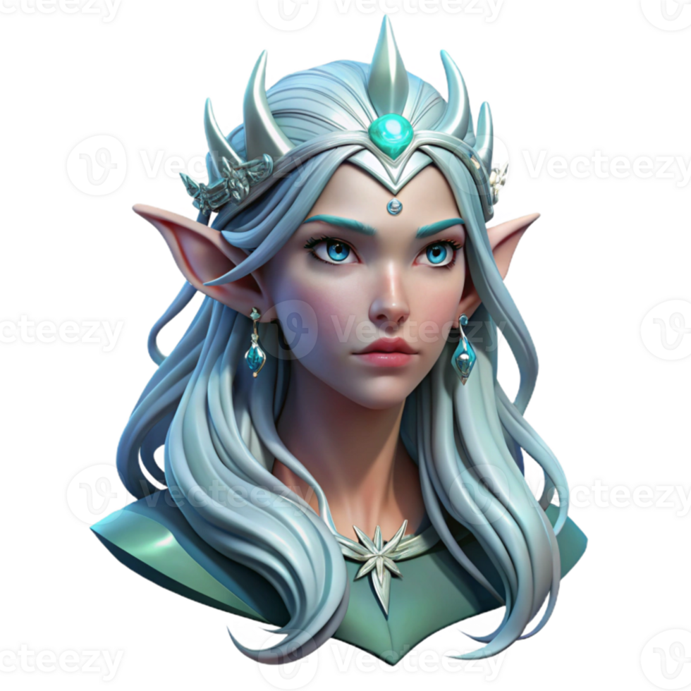 stunning vintage Portrait of a majestic elf queen with flowing silver hair and ethereal features, illuminated by moonlight, fantasy art style high resolution png