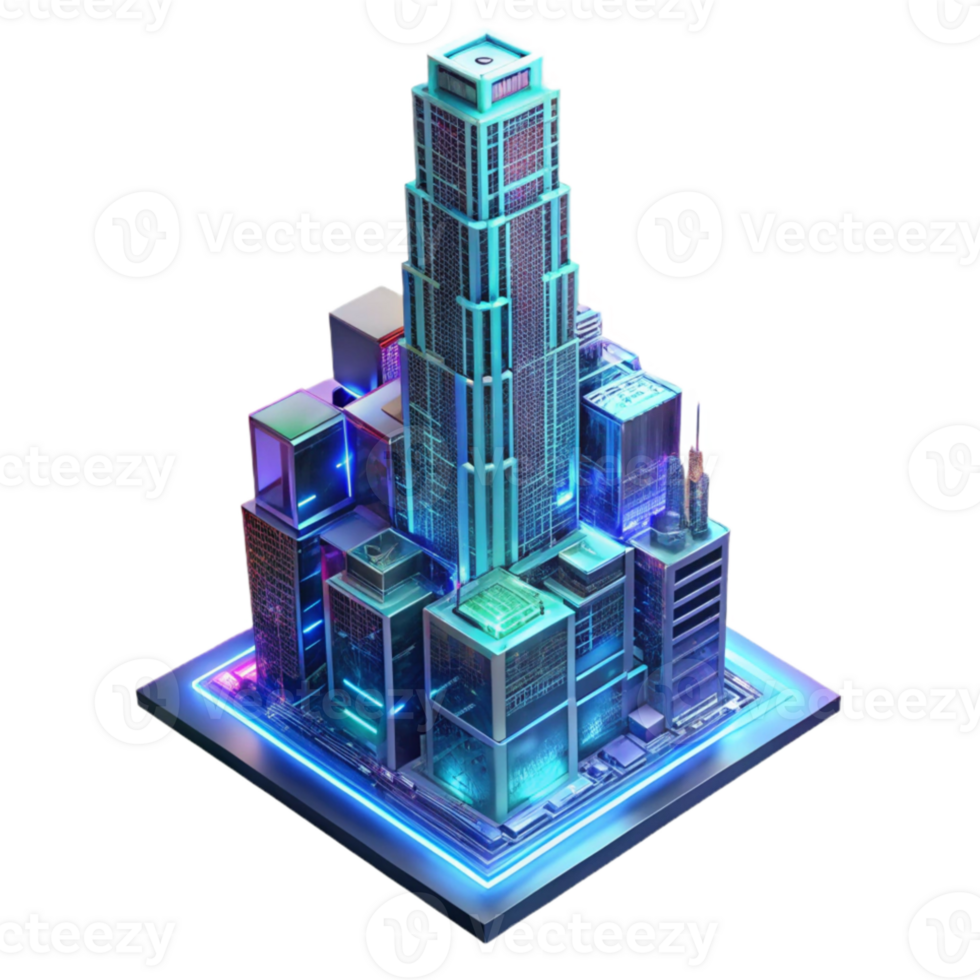 dramatic artistic A towering skyscraper made entirely of interconnected circuit boards, pulsating with vibrant neon light, futuristic cityscape style authentic png