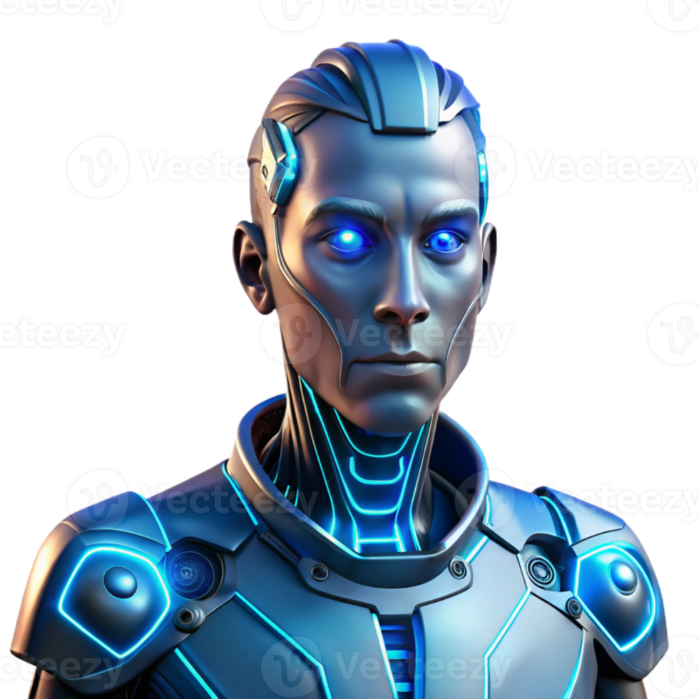 extraordinary traditional Portrait of a cyborg with intricate mechanical parts visible beneath translucent skin, lit by neon blue light, cyberpunk art style genuine png