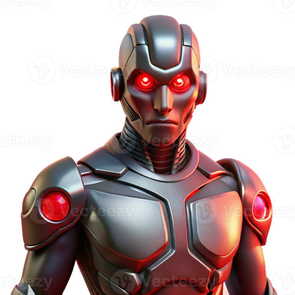 extraordinary traditional A cybernetically enhanced human, with glowing red eyes and metallic implants, stands defiantly against a backdrop of digital noise. Biopunk style professional png