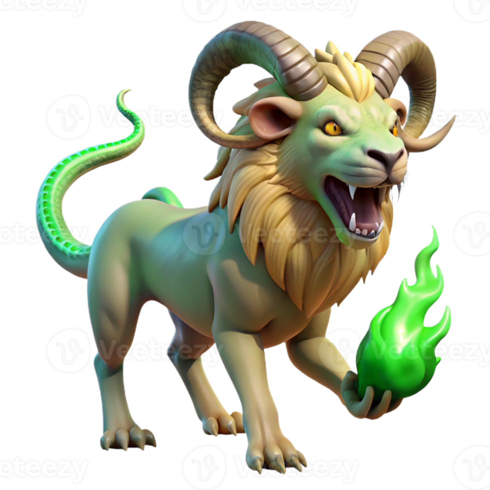 magnificent artistic A chimera, a creature composed of a lion, goat, and serpent, breathing a plume of emerald fire, dramatic backlighting, surrealist style original png