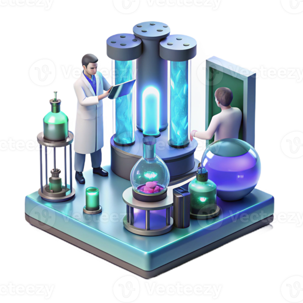 serene minimalist A futuristic laboratory filled with glowing equipment, scientists working in the background, sterile environment, realistic style high resolution png