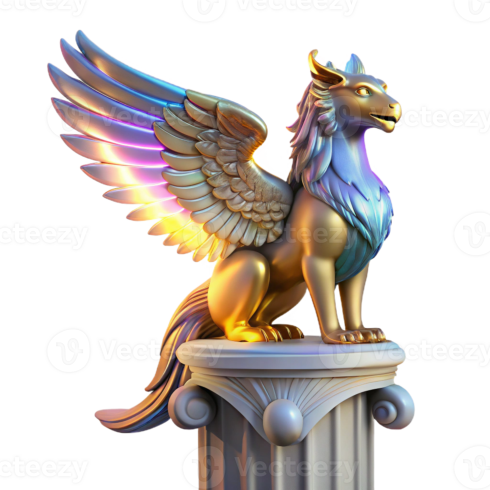 wonderful contemporary A majestic griffin with iridescent feathers, perched atop a crumbling marble pillar, lit by a single shaft of golden light. Art Deco style professional png