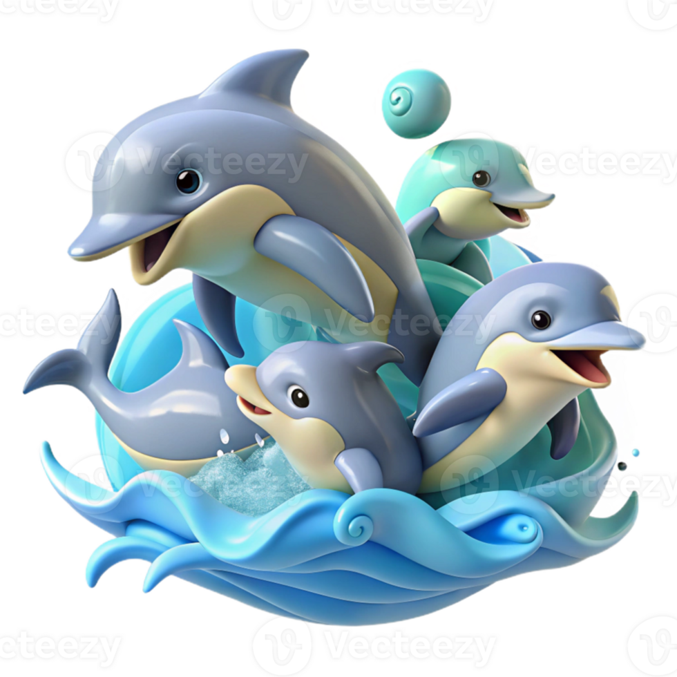 impressive minimalist A group of playful dolphins leaping and spinning through the ocean waves, under a bright, sunny sky, in a joyful, cartoon style exclusive png