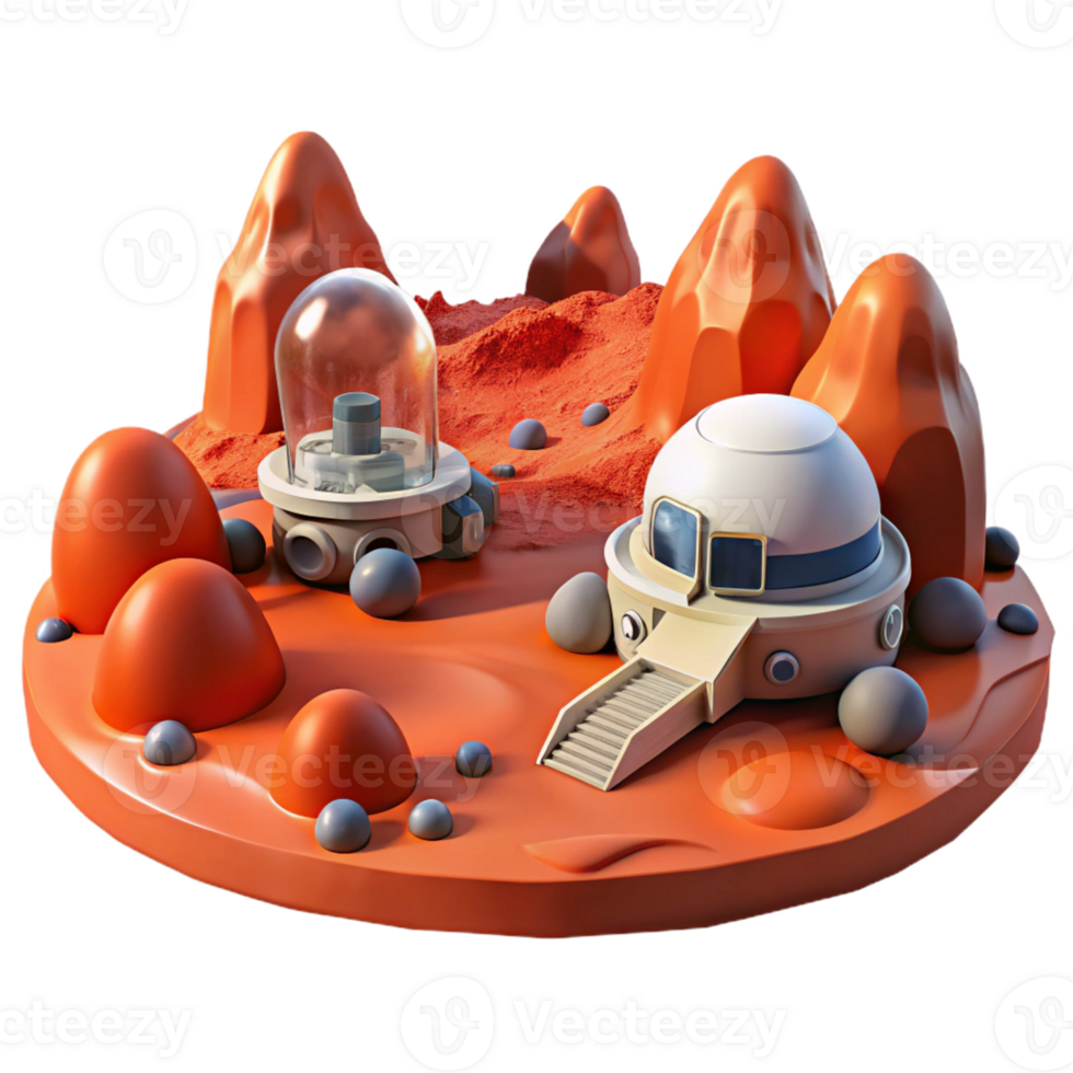magnificent minimalist Mars colony, red dust landscape, futuristic habitats, rovers exploring the terrain exclusive png