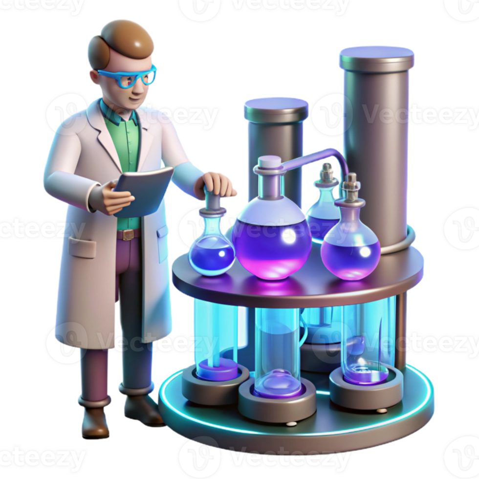 extraordinary modern A futuristic laboratory filled with glowing vials and strange machinery, scientist in a lab coat working diligently, sterile and clinical lighting 4K png