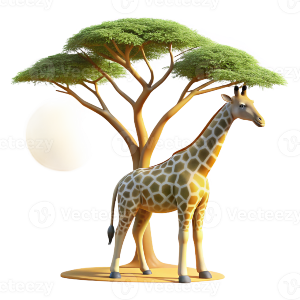impressive modern A graceful giraffe reaching for leaves in the canopy of an acacia tree, under the warm African sun, in a vibrant, safari photography style genuine png