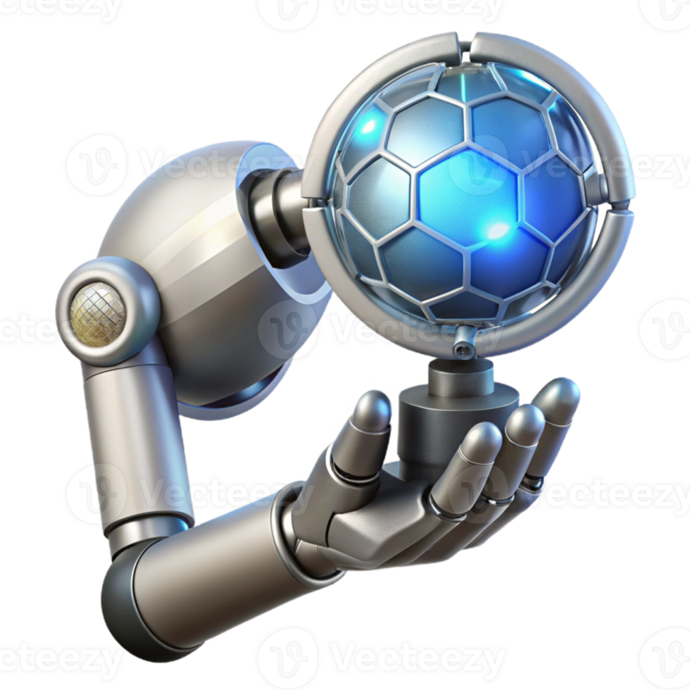 elegant contemporary A chrome robotic arm holding a glowing orb of data, intricate wiring visible, studio lighting, cyberpunk style high quality png