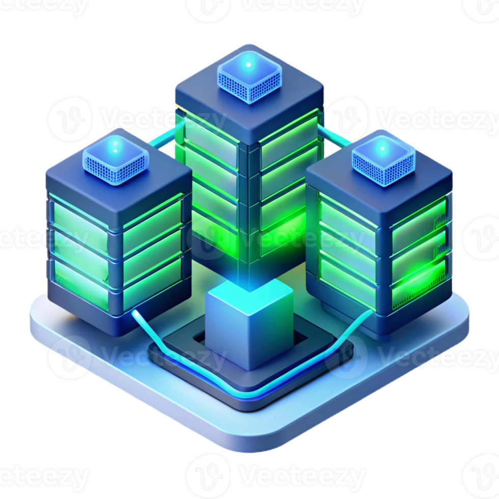 extraordinary modern A futuristic data center, servers glowing with blue and green LEDs, complex network cables connecting everything, isometric perspective, technical illustration style high quality png
