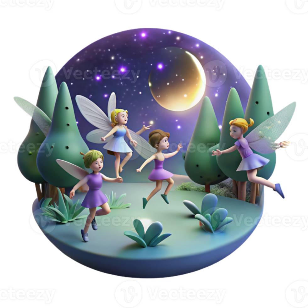 magnificent traditional A group of fairies flying through a moonlit forest, leaving trails of pixie dust, illuminated by the moonlight. Enchanted forest, dreamlike style high quality png