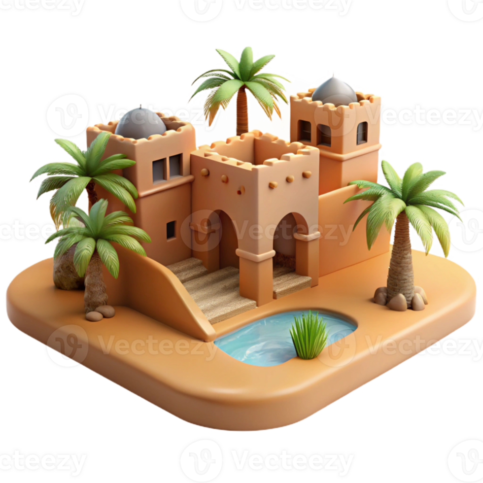 elegant rustic Desert oasis with traditional mud-brick architecture, palm trees, bright sunlight, realistic rendering high quality png