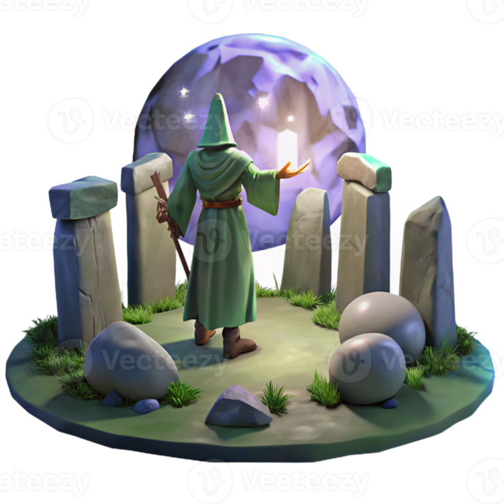 stunning rustic A mysterious druid performing a ritual, surrounded by standing stones, lit by the ethereal glow of the full moon. Celtic mythology, painting style high quality png