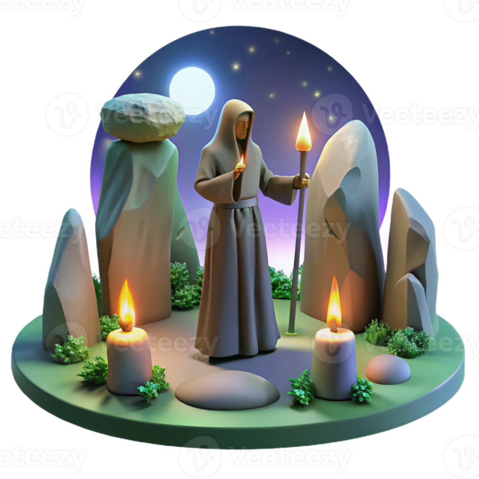 serene traditional A mysterious druid performing a ritual, surrounded by standing stones, lit by the ethereal glow of the full moon. Celtic mythology, painting style exclusive png
