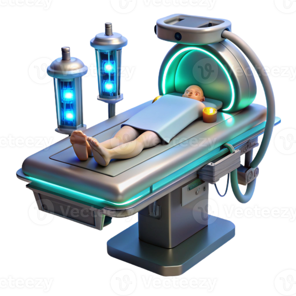 serene abstract A futuristic medical device, with glowing lights and intricate wires, hovers over a patient on a surgical table. Sci-fi realism style authentic png