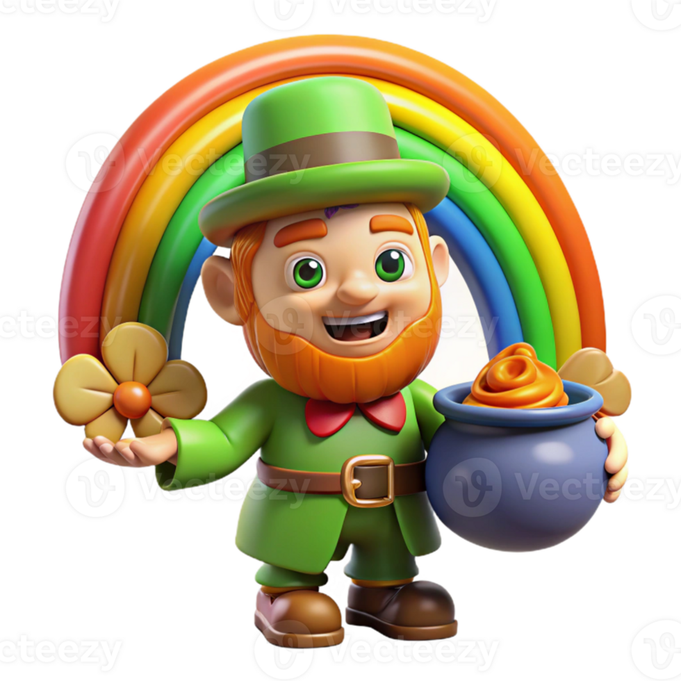 stunning vintage A mischievous leprechaun, guarding a pot of gold at the end of a rainbow, vibrant colors, whimsical style authentic png