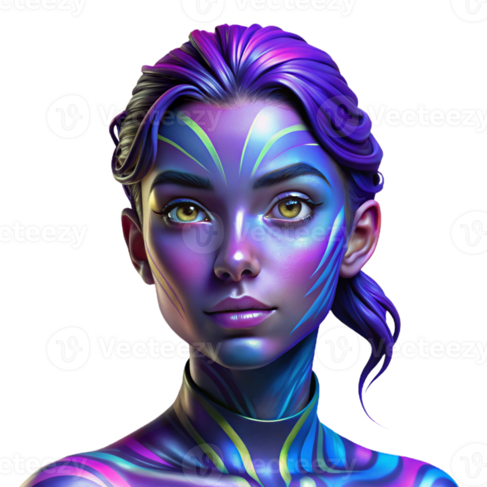 dramatic rustic Portrait of a young woman with vibrant face paint, lit by blacklight, psychedelic art style high quality png