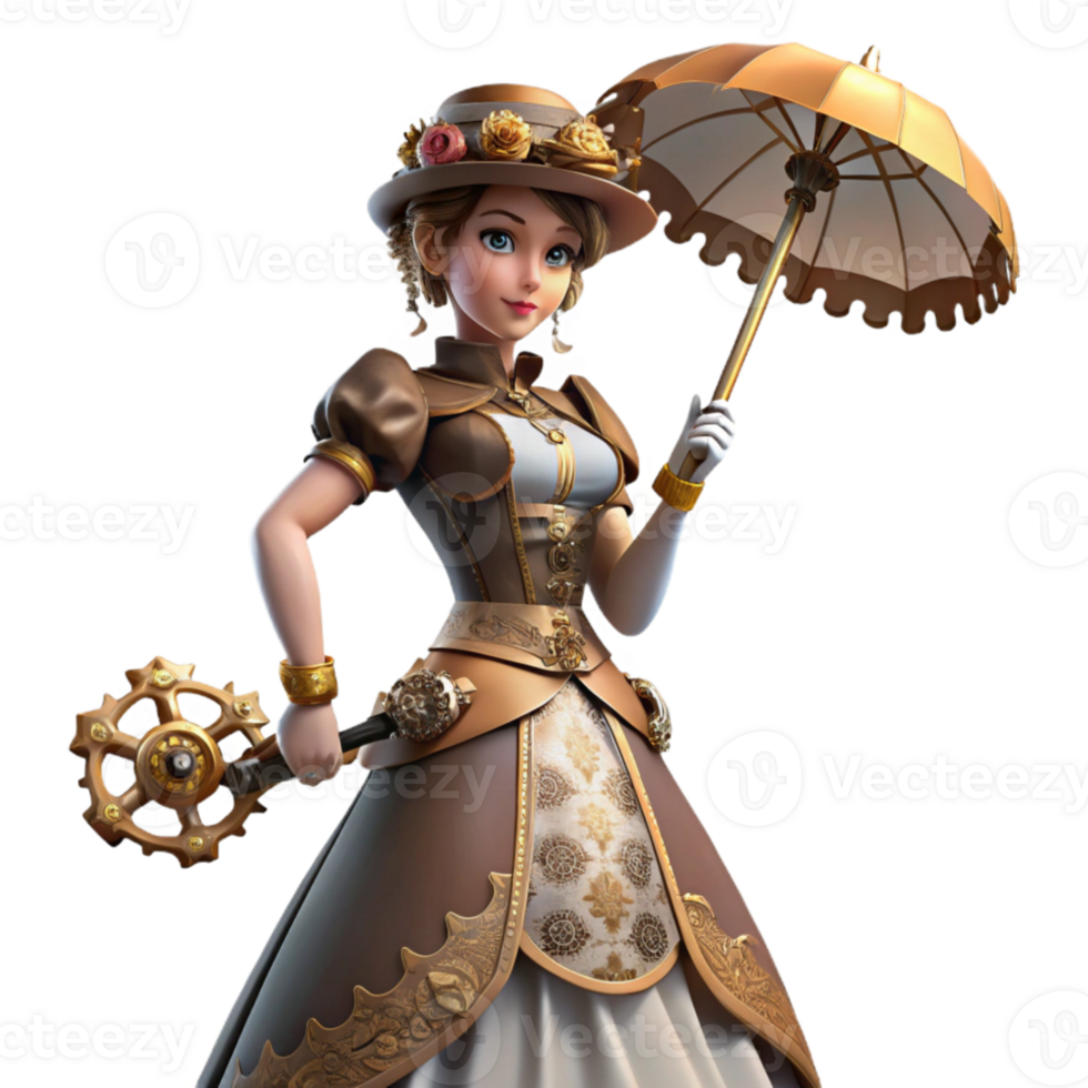 elegant modern A Victorian-era lady in a steampunk-inspired dress with intricate gears and cogs, holding a parasol. Dramatic, chiaroscuro lighting. Steampunk painting style professional png