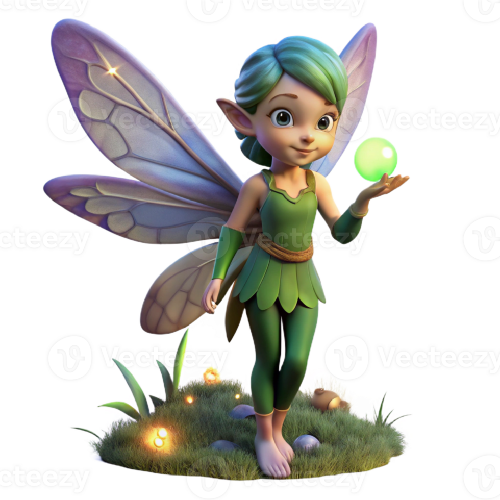 stunning creative A whimsical pixie with iridescent wings, holding a glowing orb, surrounded by fireflies in a twilight forest, digital art original png