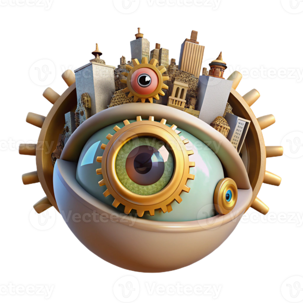 extraordinary creative A giant, floating eye watches over a city made of interconnected gears and cogs. Steampunk style, warm, artificial lighting detailed png