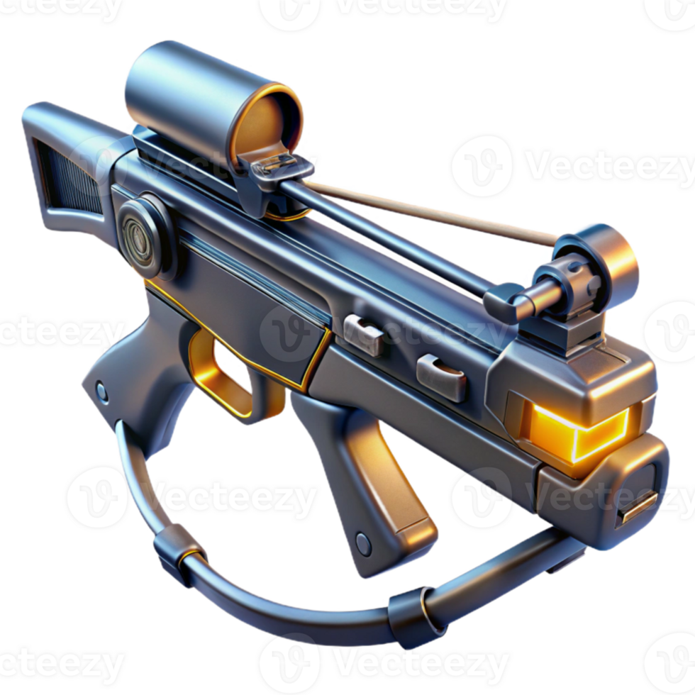 elegant traditional A futuristic weapon, resembling a crossbow, is aimed at a distant target. Dramatic lighting, tactical style high quality png