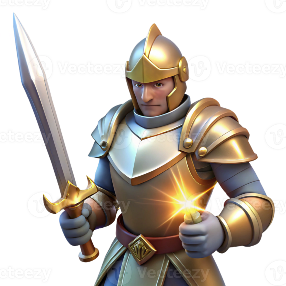 extraordinary rustic A stoic knight in shining armor, wielding a holy sword, divine light, heroic fantasy art authentic png