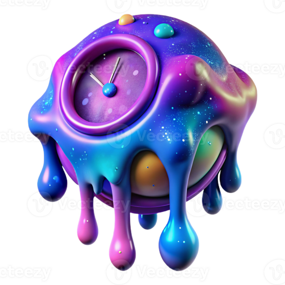 vibrant rustic A melting clock dripping with vibrant, fluorescent paint, against a backdrop of swirling cosmic nebulae, in a surrealist style, professional png