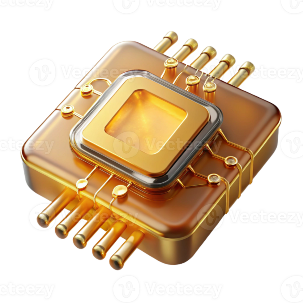 magnificent modern A single, levitating microchip with intricate golden circuitry etched onto its surface, reflecting a warm, amber light. Macro photography style premium png