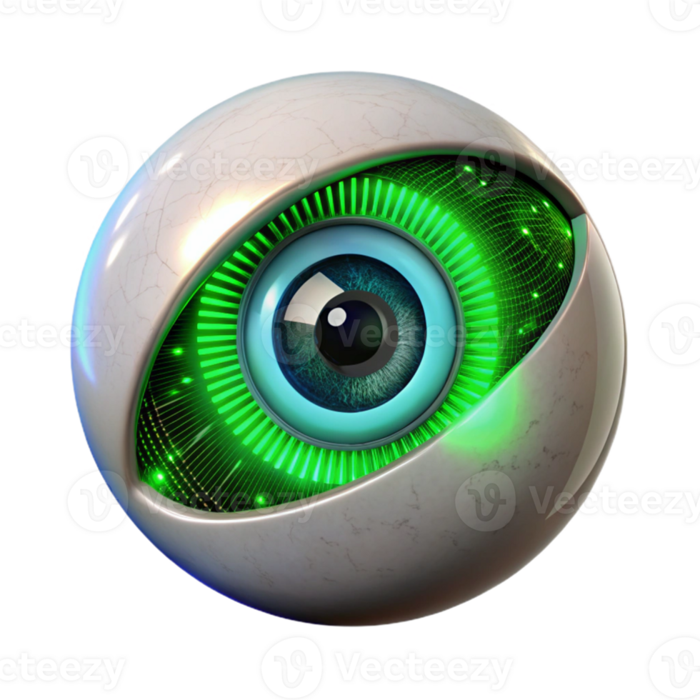 wonderful minimalist A cyborg eye with intricate iris details zooming in on binary code, illuminated by a scanning green laser, in a cyberpunk style detailed png