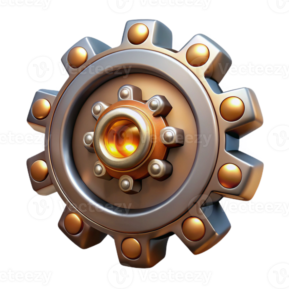 serene abstract A single steampunk gear, intricately designed with cogs and rivets, metallic and reflective lighting high quality png