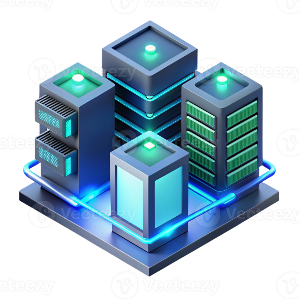 stunning artistic A futuristic data center, servers glowing with blue and green LEDs, complex network cables connecting everything, isometric perspective, technical illustration style detailed png