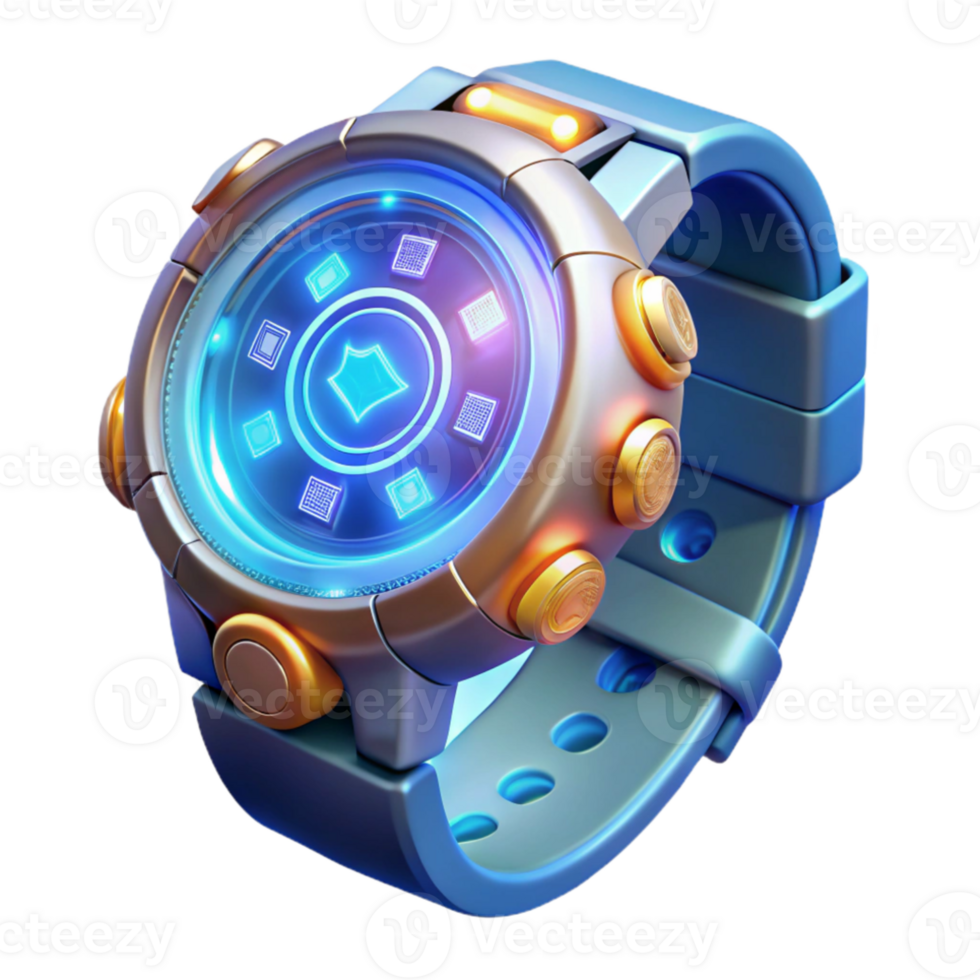 serene rustic A futuristic wristwatch displaying holographic information, intricate details and glowing icons visible, lit by a soft blue light. Sci-Fi style detailed png