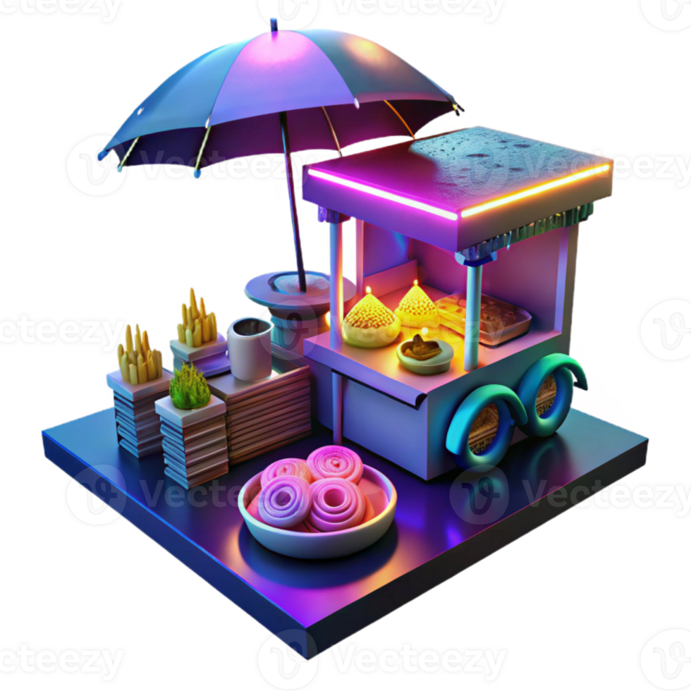 stunning contemporary Cyberpunk street vendor selling glowing noodles, neon signs reflecting in puddles, rainy night, gritty realism style authentic png